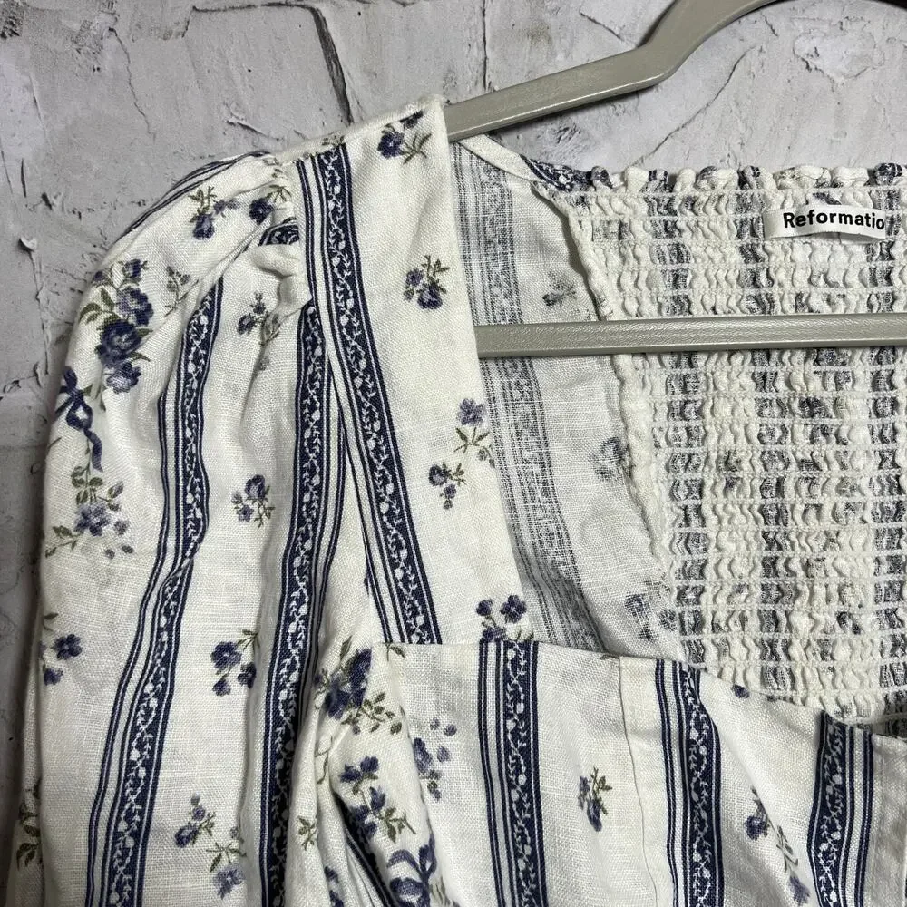 Reformation Linen Smocked Back Puff Sleeve Top Size 2 White Blue Floral USA